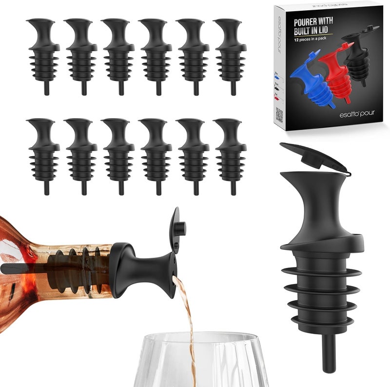 Esatto Pour and Seal, Plastic Bottle Pourers With Built In Lid – Easy and Precise Pouring, Lid for Storing and Healthy Practices, Professional Bar Tool, Pack of 12 Pieces Wine Stopper Pourer (Black) - Image 1